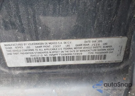 2006 Volkswagen Jetta Value Edition из США, поврежденный, VIN 3VWPF71K86M672459